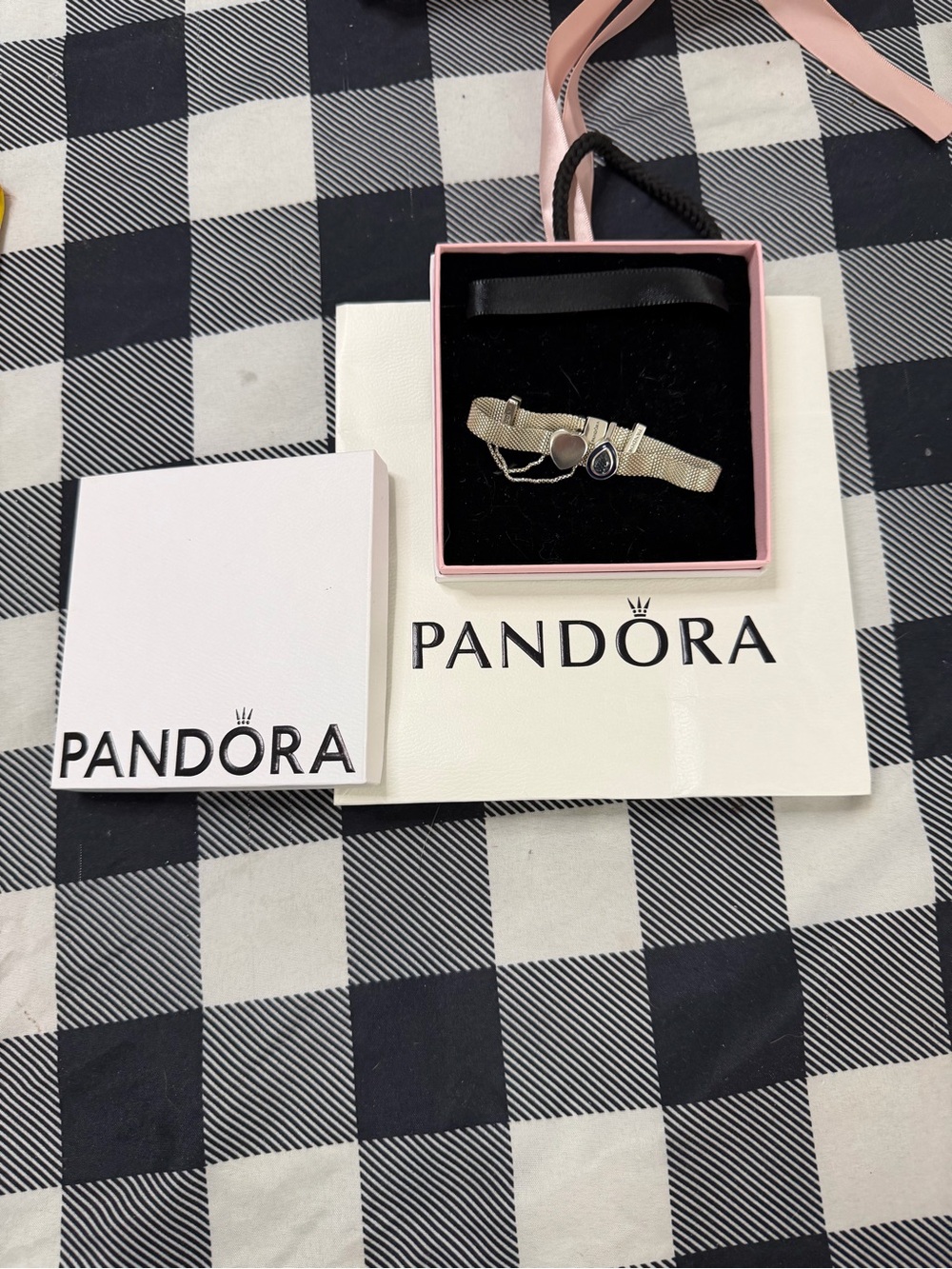 Pandora Silver Mesh Bracelet with chain, Heart and Teardrop Enamel Charm - Picture 8 of 8
